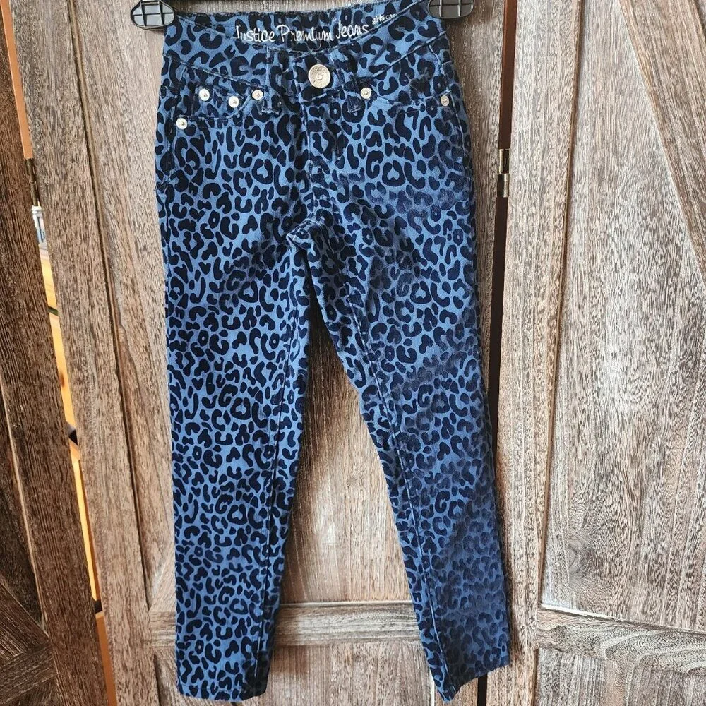 Justice Premium Jeans Blue Leopard Print Textured Velvet Size 7S Simply Low EUC